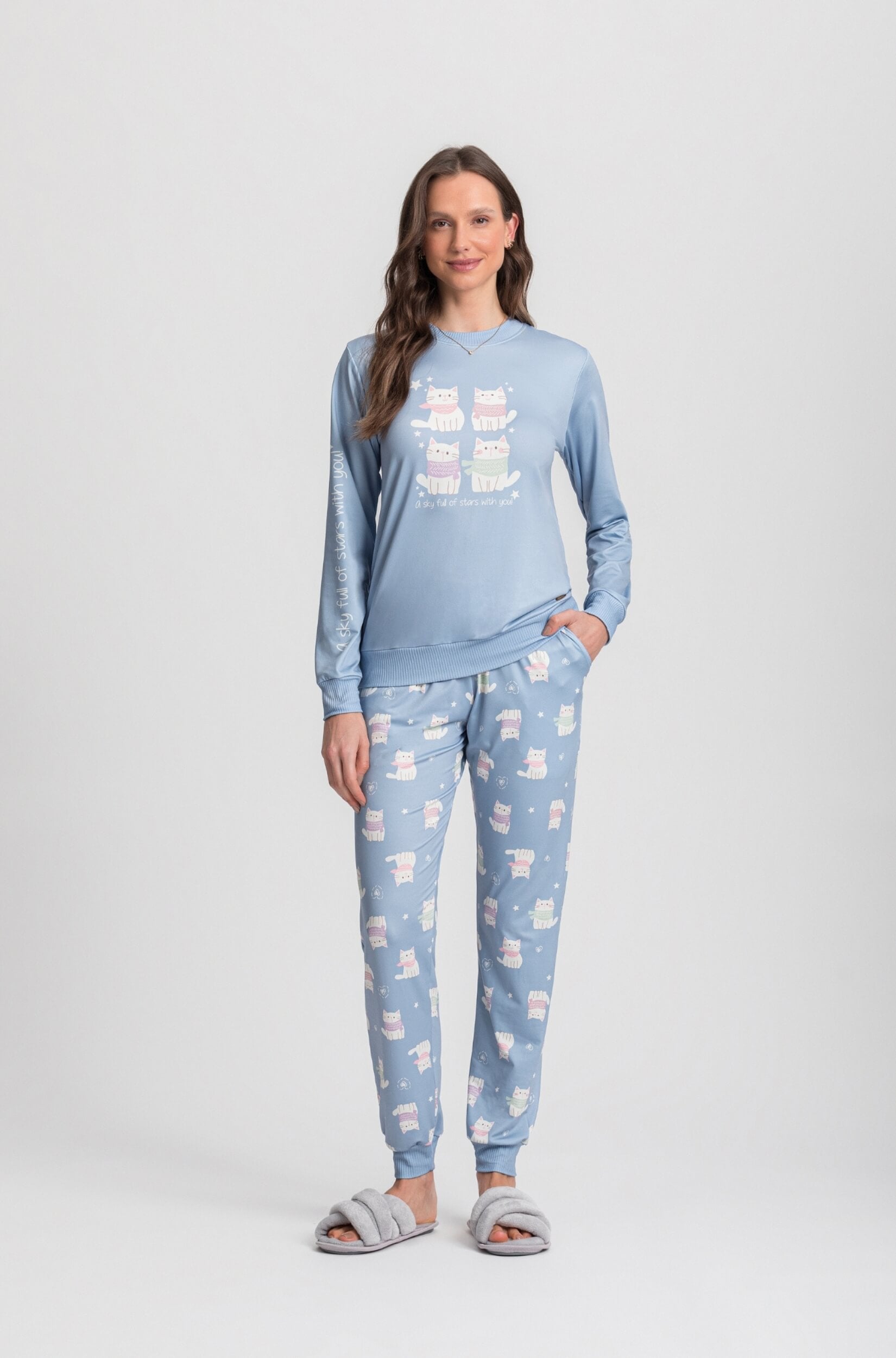 Pijama Manga Longa Feminino Azul MyCats