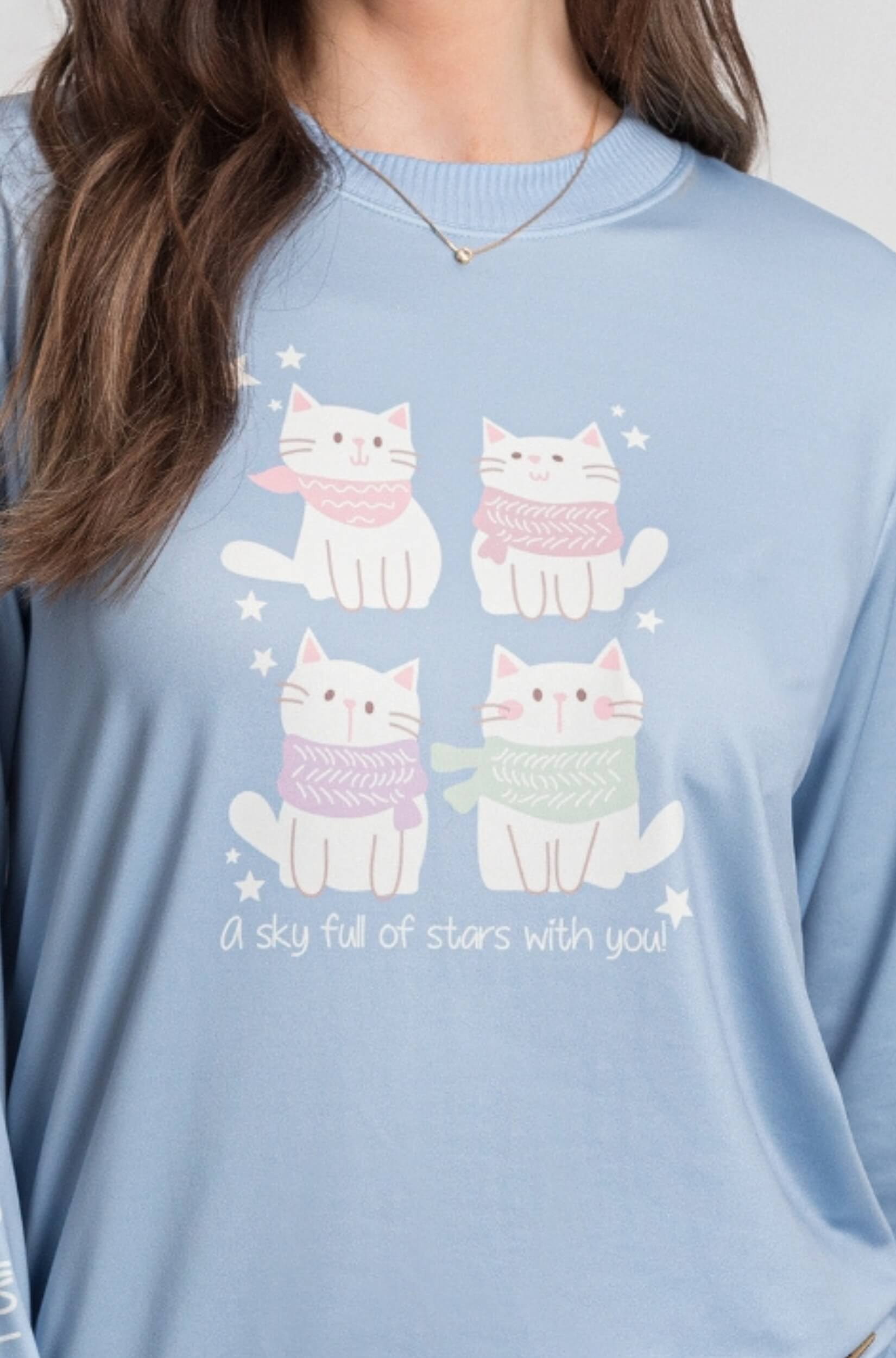 Pijama Manga Longa Feminino Azul MyCats
