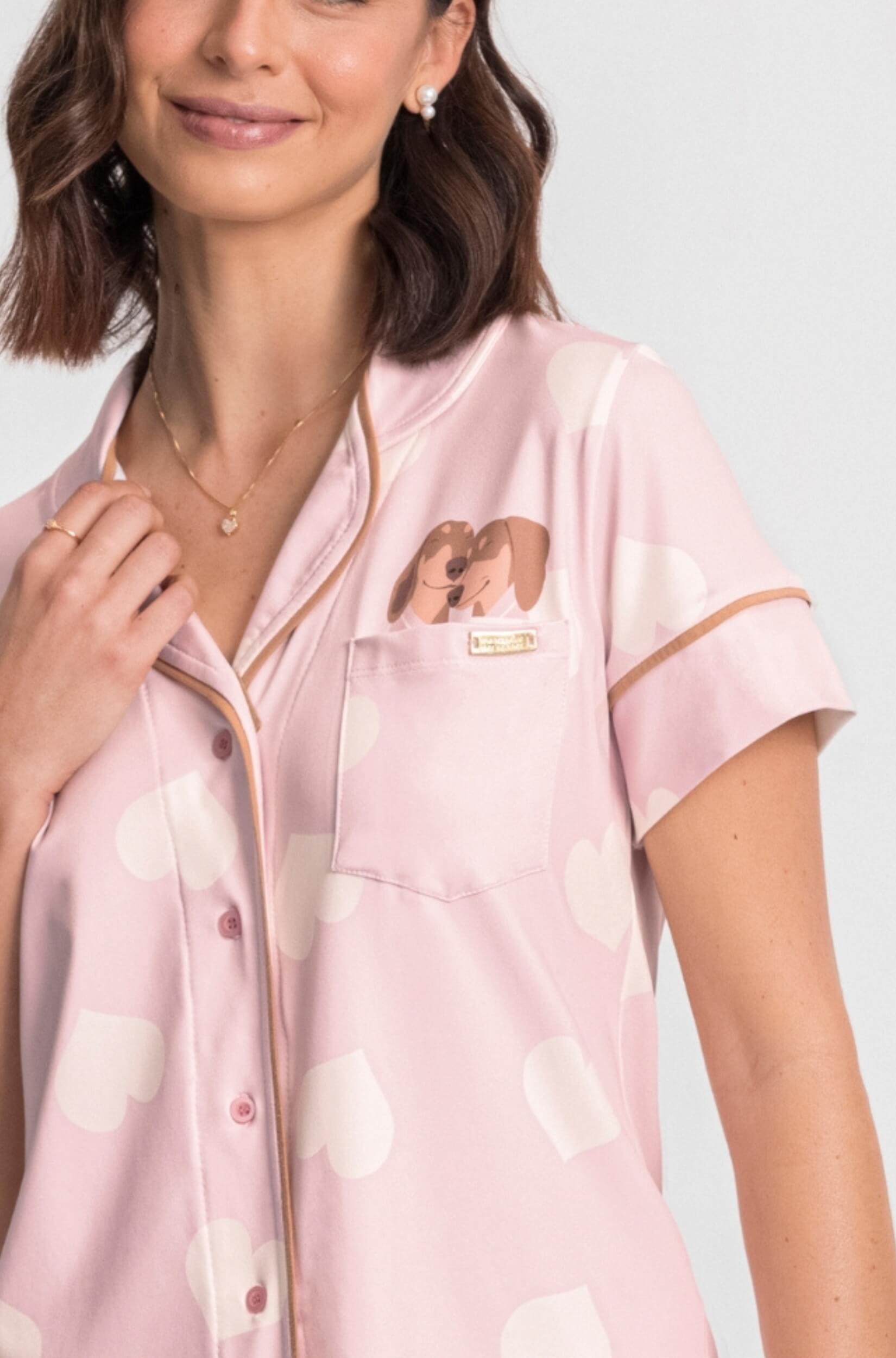 Pijama Americano Feminino Rosa Cachorro Fofura