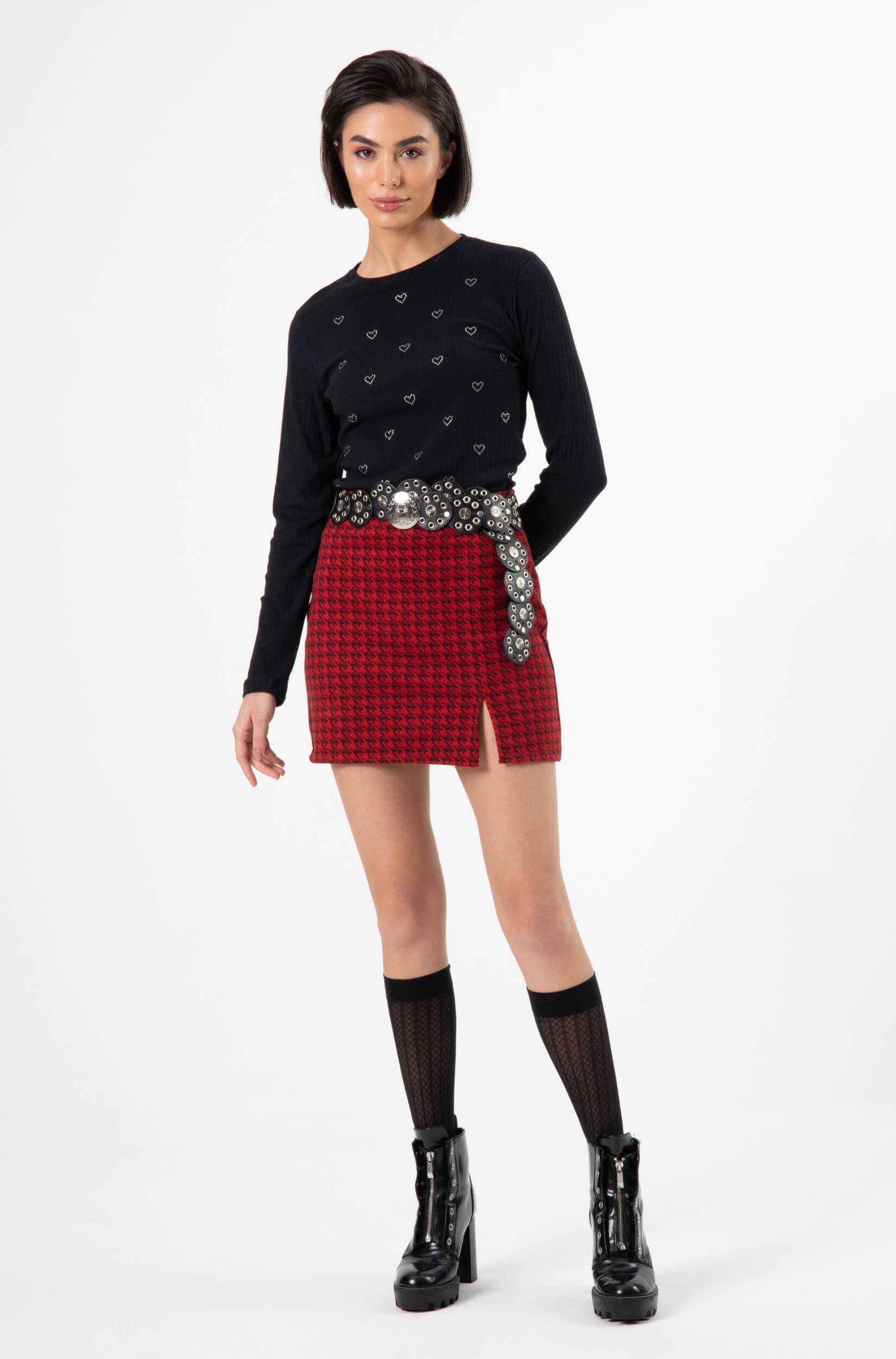 Blusa Canelada Feminina Manga Longa com Corações Preto