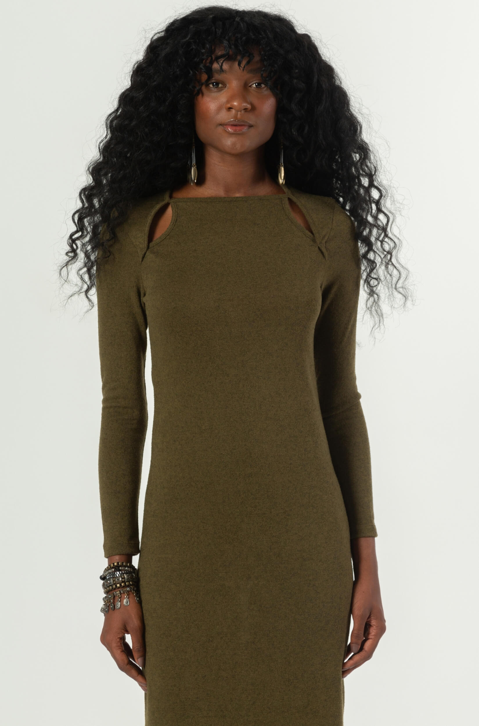 Vestido Midi Feminino Verde Musgo Cut Out