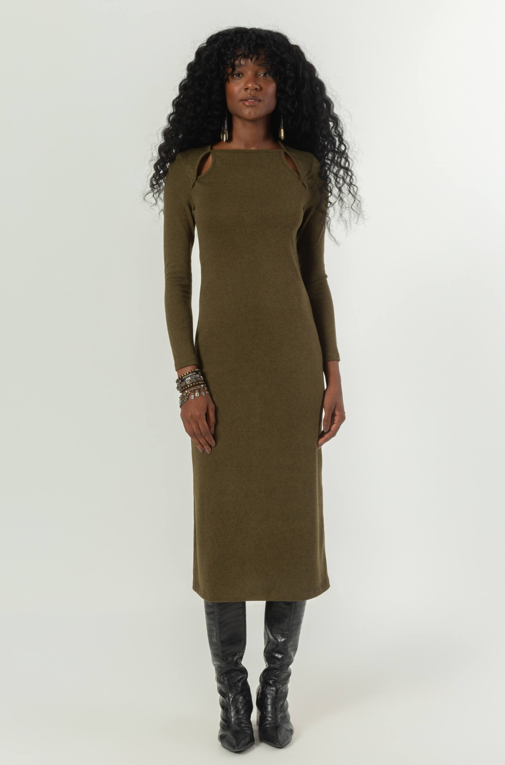 Vestido Midi Feminino Verde Musgo Cut Out