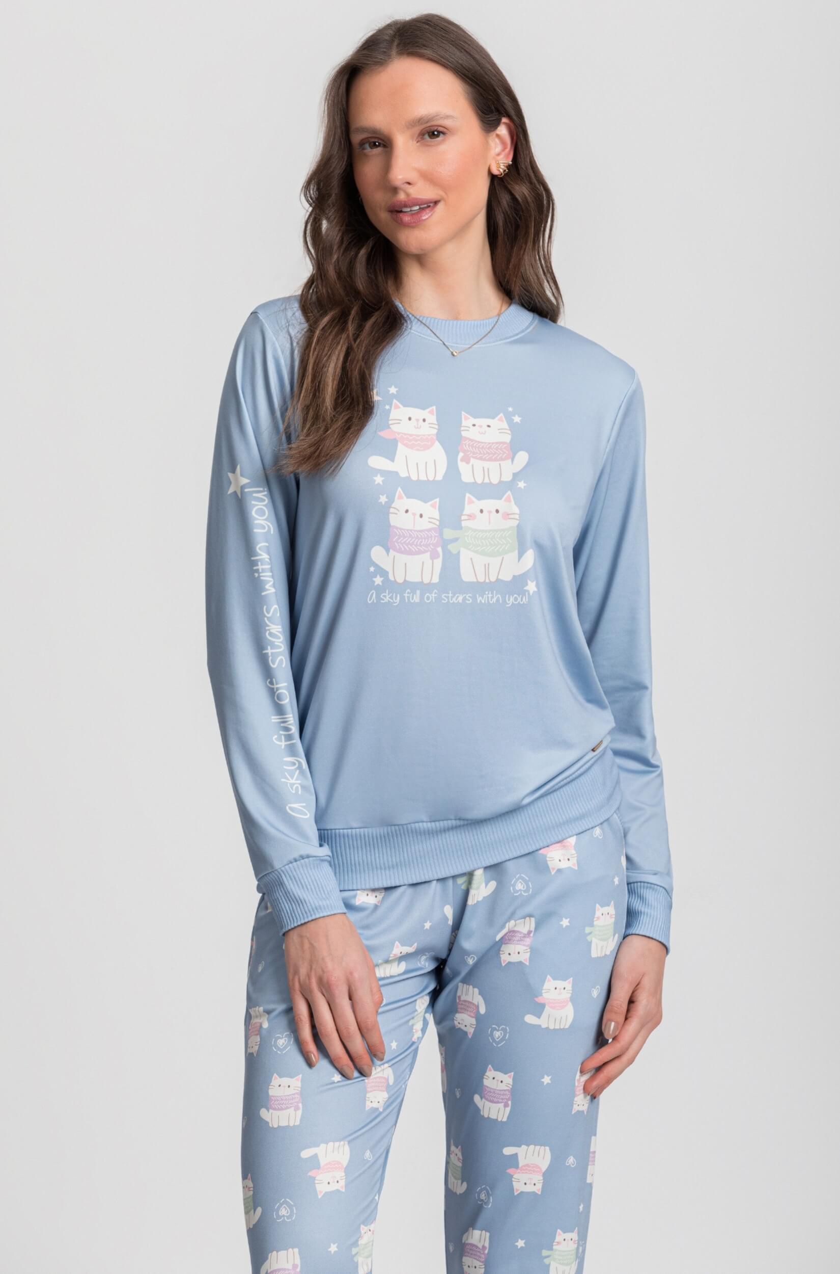 Pijama Manga Longa Feminino Azul MyCats