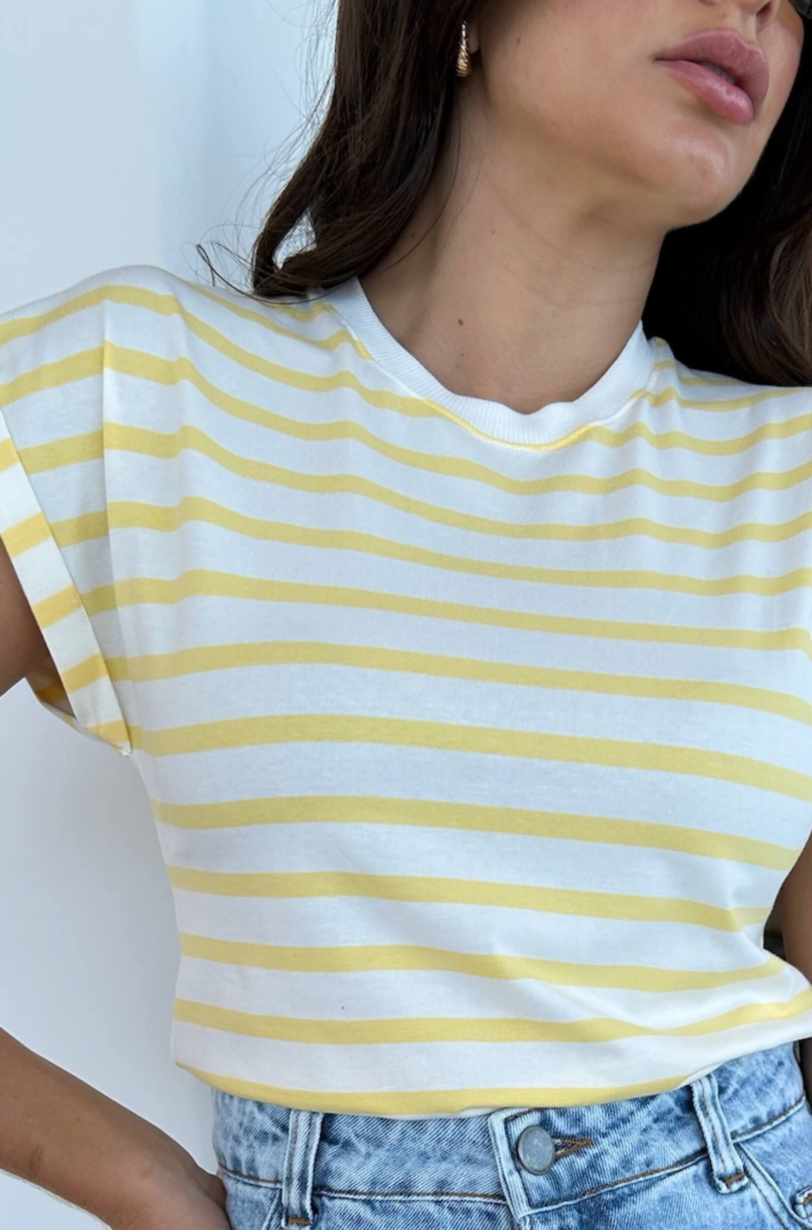 Camiseta Listrada Feminina Algodão Egípcio Amarela e Branca