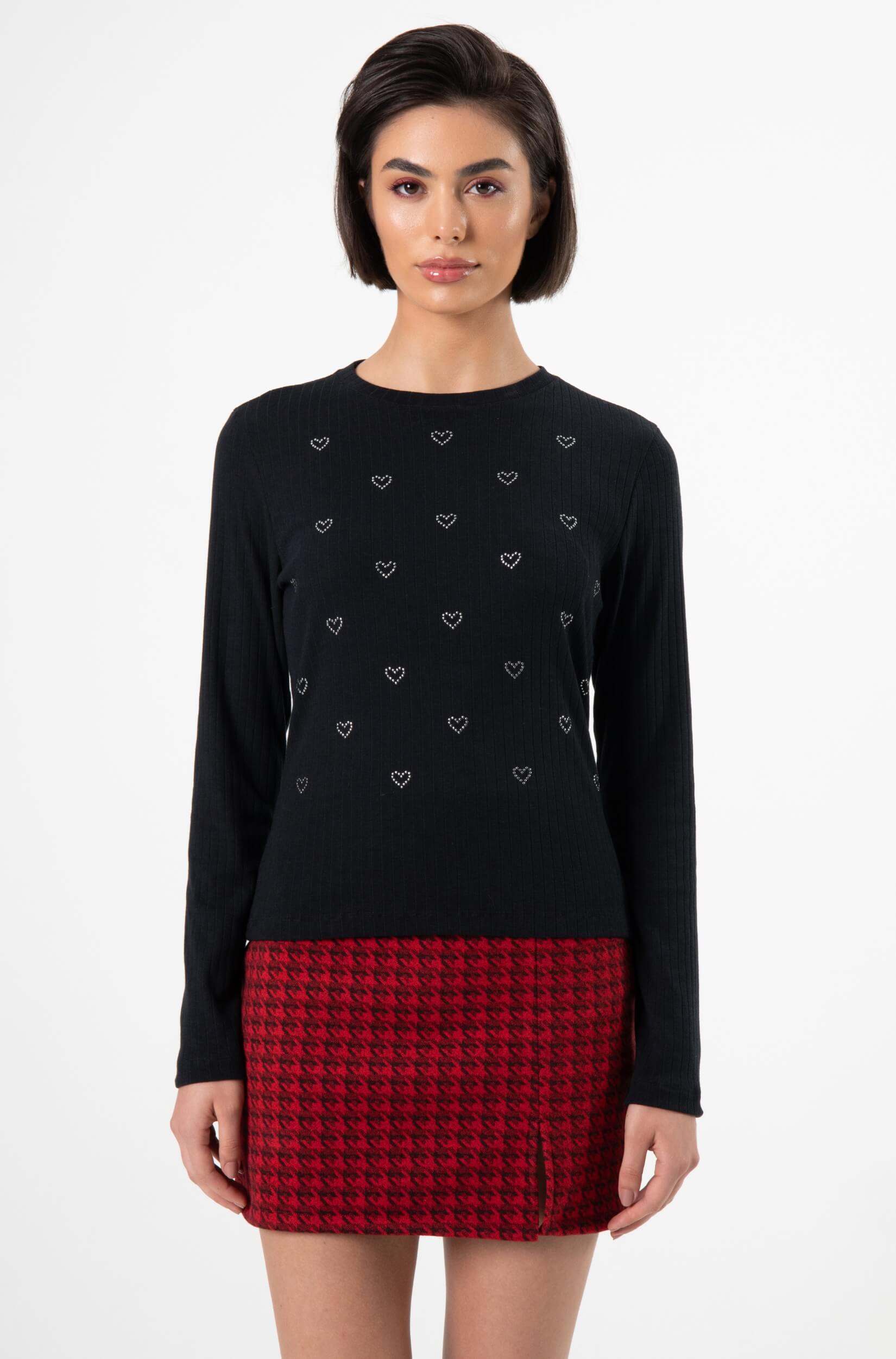 Blusa Canelada Feminina Manga Longa com Corações Preto