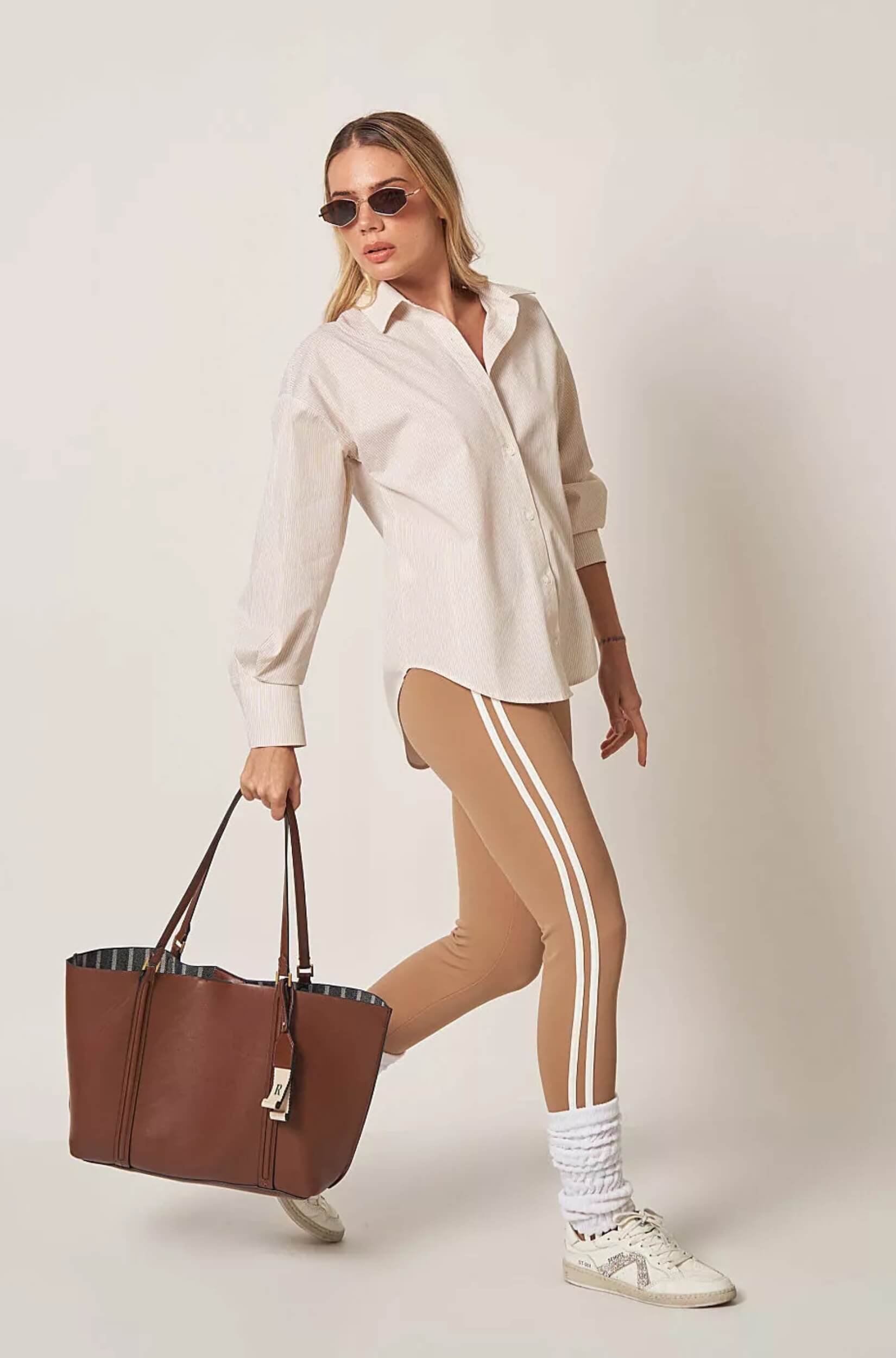 Calça Legging Feminina Listras e Pezinho Bege