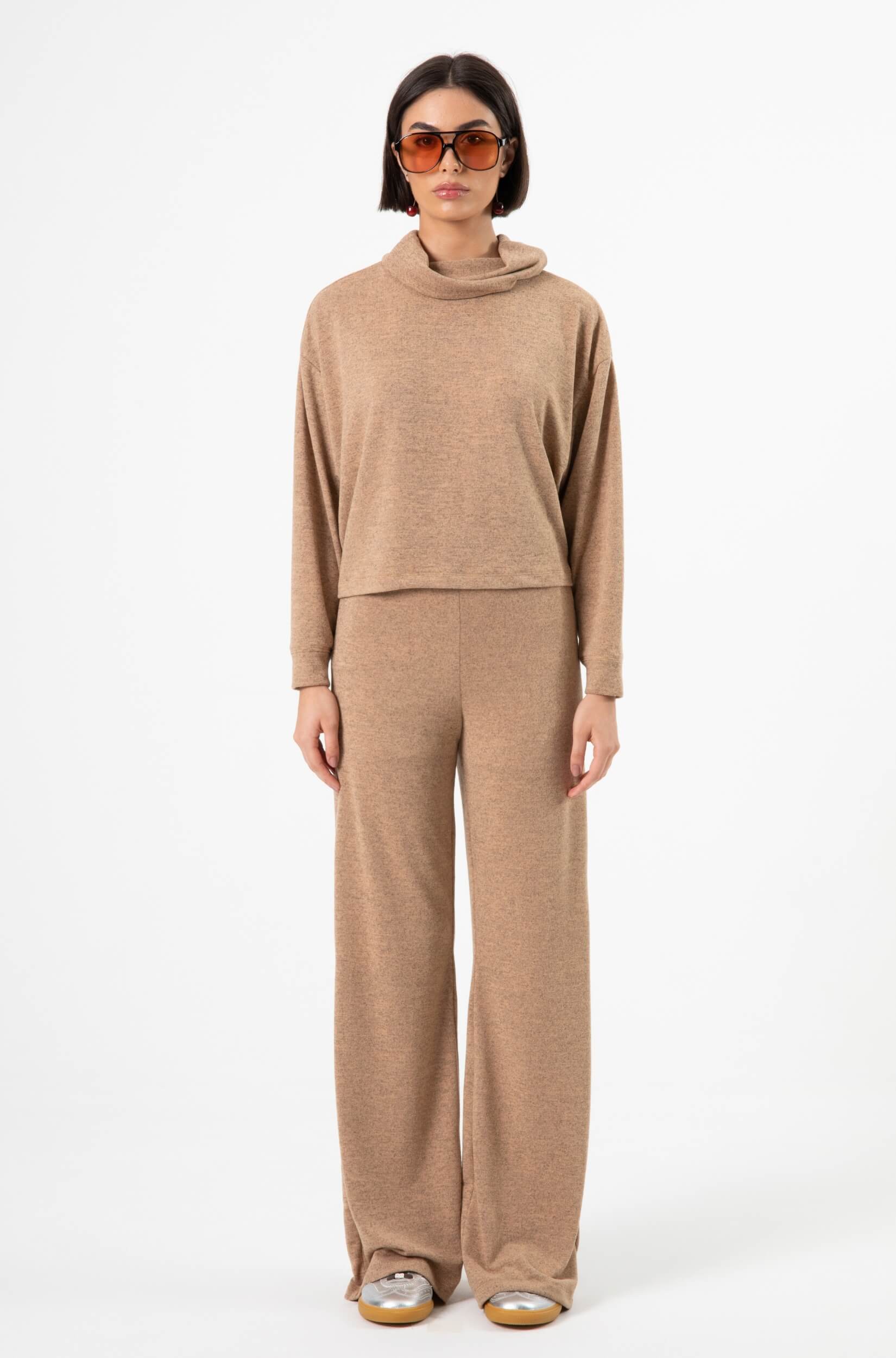 Calça Wide Leg Feminina Malha Winter Bege